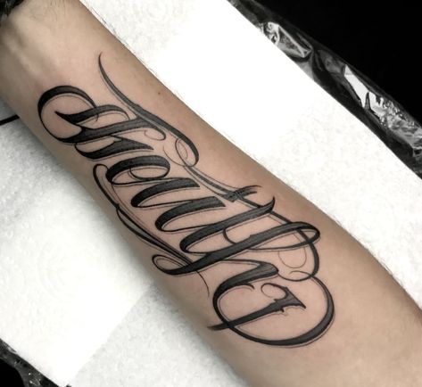 How to Design a Script Tattoo | Tattooing 101 Old English Tattoo, Cursive Tattoo, Around Arm Tattoo, Back Of Arm Tattoo, Script Tattoo, Cursive Tattoos, Tattoo Inspiration Men, Tattoo Script, Professional Tattoo