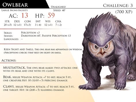 Owl Bear Dnd, Bear Dnd, Owl Bear, Dnd Stats, D D Character Ideas, Dungeon Master's Guide, Dnd Dragons, D D Monsters, Dnd 5e Homebrew