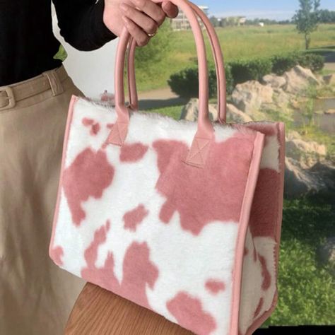 Beautiful Pink Cowhide Fur Tote Nwt Cow Print Bag, Faux Fur Handbag, Fur Handbags, Black Cow, Top Handbags, Pink Cow, Vintage Shoulder Bag, Vintage Soft, Cow Pattern