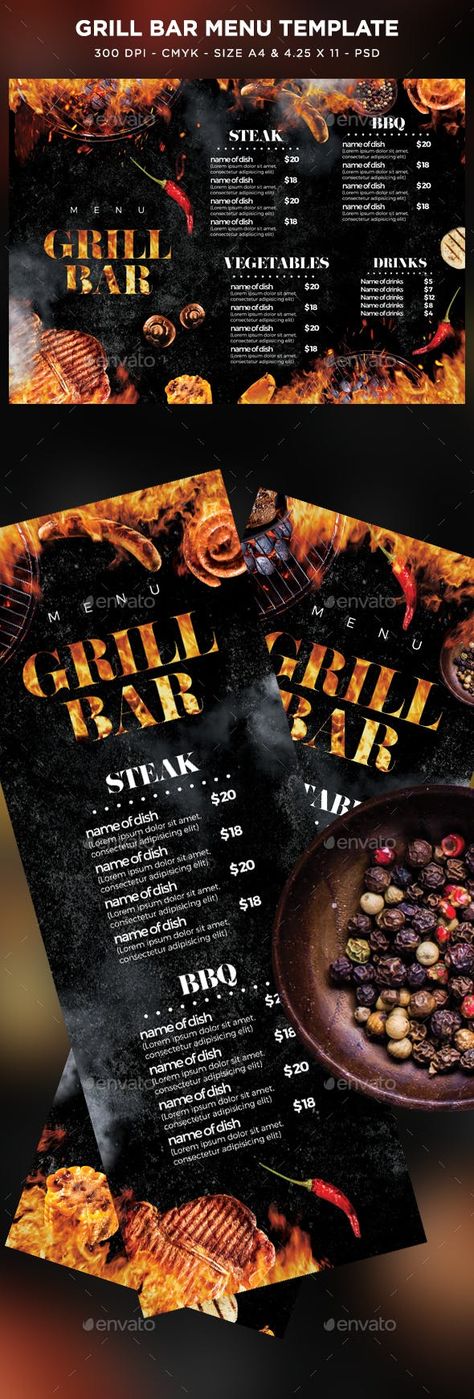 Grill Bar Menu - Food Menus Print Templates Bar Grill Design Restaurant, Grill Bar Design, Chicken Menu Design, Grill Menu Design, Grill Restaurant Design, Bbq Menu Design, Resturant Menu, Restaurant Grill, Menu Sans Gluten