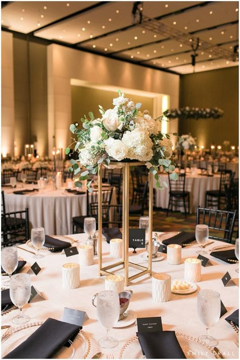 White Weddings Reception, Black And White Wedding Theme, Black Gold Wedding, Elegant Centerpiece, Classic Wedding Decorations, White Wedding Theme, Gold Wedding Theme, Black White Wedding, Ballroom Wedding