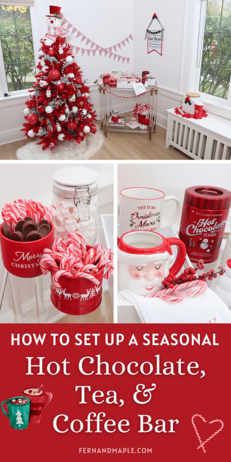 How to Set up a Seasonal Hot Chocolate, Tea, and Coffee Bar - Fern and Maple Hot Tea Bar, Tea And Coffee Bar, Tea Cup Decorations, Holiday Coffee Bar, Christmas Hot Chocolate Bar, Coffee Party, Hot Chocolate Coffee, Christmas Hot Chocolate, Coffee Bar Home