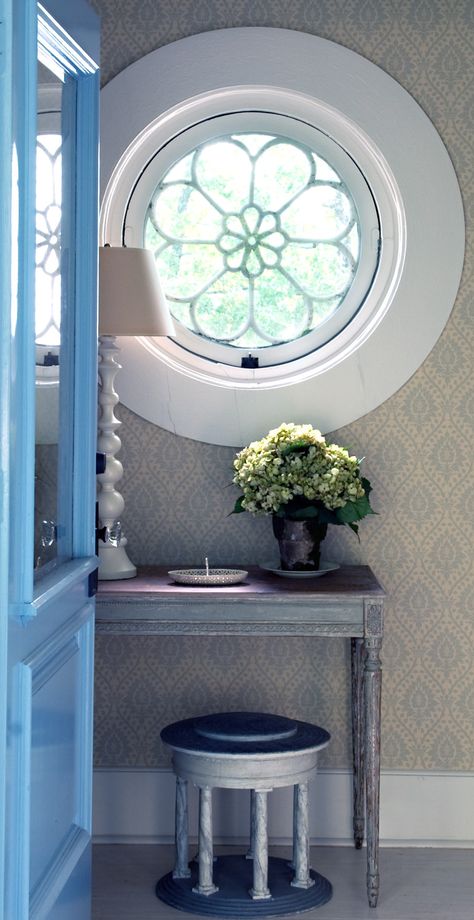 Cathy Kincaid Farm Cathy Kincaid, Foyer Wallpaper, Porthole Window, Round Window, Wallpaper Interior, Bathroom Windows, Leaded Glass, Window Design, Cheap Home Decor