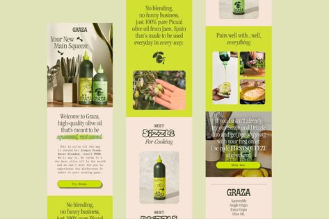 Graza Olive Oil Branding, Email Flow Design, Olive Oil Website Design, Email Marketing Aesthetic, Mobile Email Design, Testimonial Email Design, Graza Oil, Restaurant Email Design, Fun Email Design