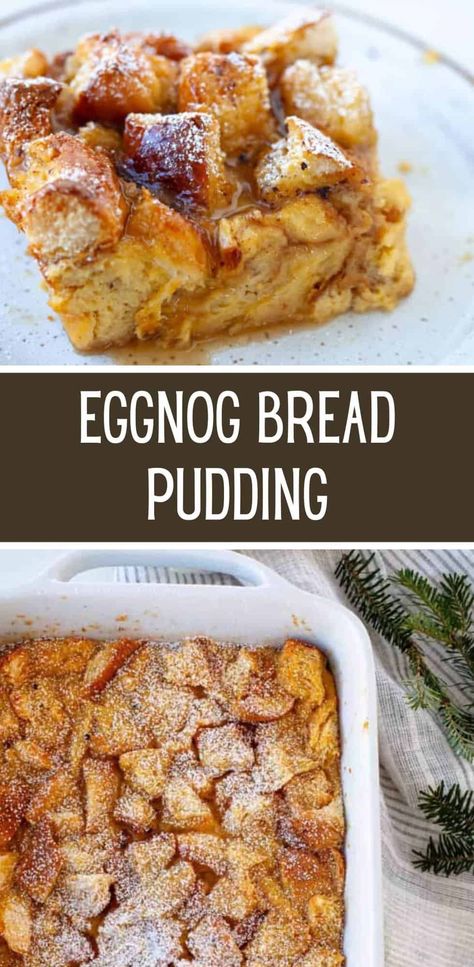 Time for easy Christmas baking! The perfect dessert to serve for the holidays, this eggnog bread pudding is deliciously rich and cozy with warm spices like cinnamon and nutmeg. Don’t skip the hot buttered rum sauce to drizzle over top! Eggnog Bread Pudding, Eggnog Bread, Christmas Baking Easy, Rum Sauce, Bread Pudding Easy, Butter Rum, Pumpkin Bread Pudding, Buttered Rum, Italian Bakery