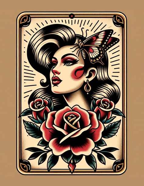 Traditional Tattoo Print Butterfly Woman - Etsy American Traditional Woman Face Tattoo, American Traditional Fairy Tattoo, American Traditional Woman Tattoo, Traditional Feminine Tattoos, American Traditional Tattoo Stencil, Traditional Lady Tattoo, American Traditional Back Tattoo, American Traditional Woman, American Traditional Pinup