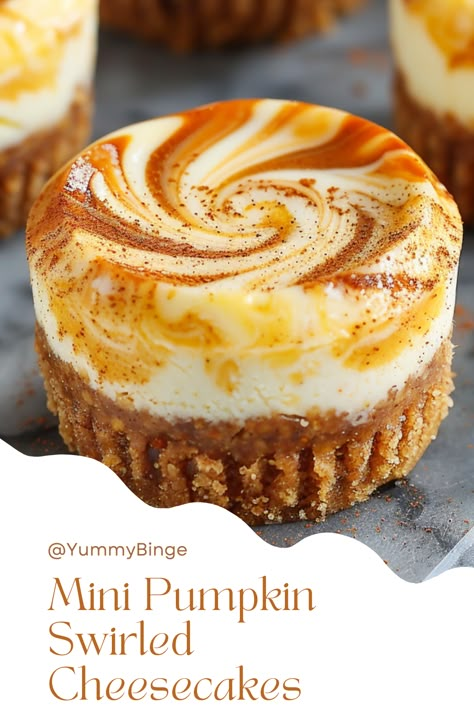 Mini Pumpkin Swirled Cheesecakes Thanksgiving Work Potluck Recipes, Graham Cracker Crust Pumpkin Cheesecake, Mini Pumpkin Swirl Cheesecake, No Bake Pumpkin Roll Cheesecake, Swirled Pumpkin Cheesecake, Mini Desserts For Thanksgiving, Cheesecakes For Thanksgiving, Christmas Pumpkin Desserts, Pumpkin Mini Cheesecakes