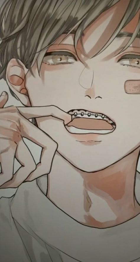 Anime Boy With Piercings, Braces Drawing Reference, How To Draw Braces, Drawing Braces, Anime Braces, Blindfolded Character Art, Braces Boy, Braces Drawing, Boyfriend Anime