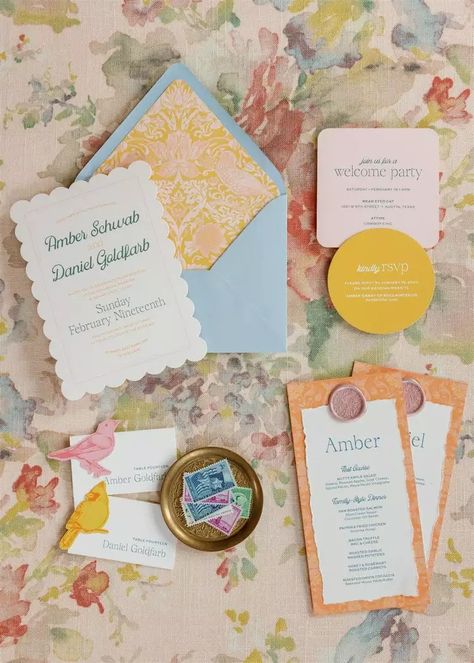 Blue Wedding Details, Woodbine Mansion, Yellow Wedding Colors, Wedding Flat Lay, Yellow Wedding Invitations, Reception Tablescapes, Family Style Dinner, Colorful Invitations, Dfw Wedding