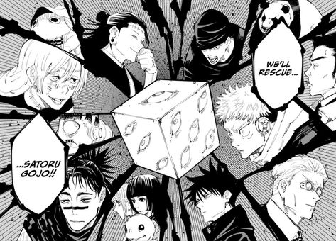 Jujutsu kaisen. Chapter 93. Gojo satoru. Megumi fushiguro. Yuji itadori. Nobara kugisaki. Kento nanami. Mahito. Suguru geto. Choso. Panda An Anime, Jujutsu Kaisen, Jujutsu, Black And White, Anime, White, Black