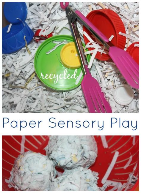 Paper Sensory Bin Play: Recycled Shredded Paper Sensory Play | Little Bins for Little Hands Paper Sensory Bin, Recycling Preschool, Food Sensory Bin, Preschool Manipulatives, Recycle Preschool, Sensory Bin Fillers, Sensorial Activities, Kindergarten Sensory, Sensory Bin Ideas