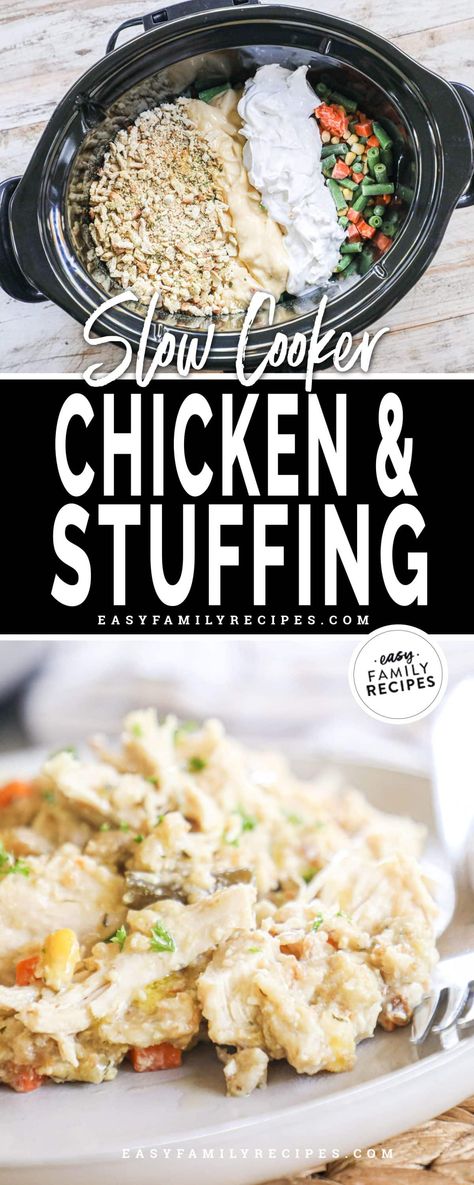 Crockpot Chicken and Stuffing · Easy Family Recipes Chicken Crockpot Recipes Meal Prep, Crockpot Chicken Stuffing Casserole, Chicken With Stuffing In Crockpot, Dump Chicken Casserole, Chicken Stuffing Crockpot Recipes, Chicken And Stuffing Casserole Crockpot, Crockpot Stuffing Chicken, Crock Pot Dump Recipes, Crockpot Chicken Meal Prep