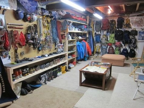 Love all the organization of this gear room! - I'm going to have an extra shed just for all our camping and climbing gear!! Gear Storage Room, Gear Room Ideas, Outdoor Gear Organization, Camping Equipment Storage, Outdoor Gear Storage, Camping Gear Storage, Easy Camping Hacks, Camping Cooker, Adventure Room