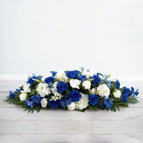 Top Table Arrangement, Royal Blue Roses, Blue Flower Arrangements, Wedding Drink Station, Flower Runner, Royal Blue Flowers, White Floral Arrangements, Blue Centerpieces, White Carnation