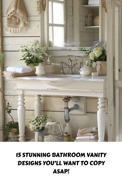 Transform your bathroom with these 15 gorgeous vanity designs! 🛁✨ From sleek modern styles to rustic charm, find the perfect vanity inspiration for an upgraded look. #BathroomVanity #HomeDecor #BathroomDesign Antique Makeup Vanity In Bathroom, Cottage Bathroom Mirror, Vanity Bathroom Lights Over Mirror, Parisian Bathroom French Style, Cottage Bathroom Mirrors, French Farmhouse Bathroom, Shabby Chic Bathroom Vanity, Bathroom Dressing Table, Parisian Bathroom