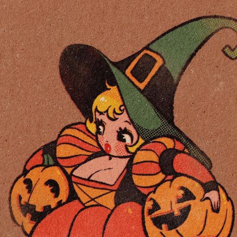 Witch Illustration Vintage, Witch Vintage Drawing, Halloween Pinups, Pumpkin Witch Character Design, Halloween Pinup Art Wallpaper, Retro Halloween Witch, Vintage Fish Poster, Vintage Halloween Posters, Halloween Core