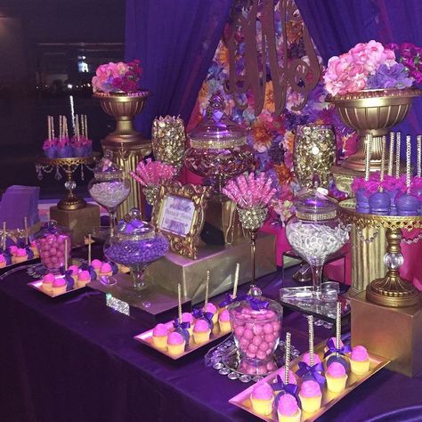 Pink And Purple Candy Buffet, Pink And Purple Candy Table, Pink And Purple Sweet 16, Love Is Poison, Purple Candy Buffet, Hotel Birthday Parties, Adult Party Themes, Birthday Goals, Birthday Dinner Party