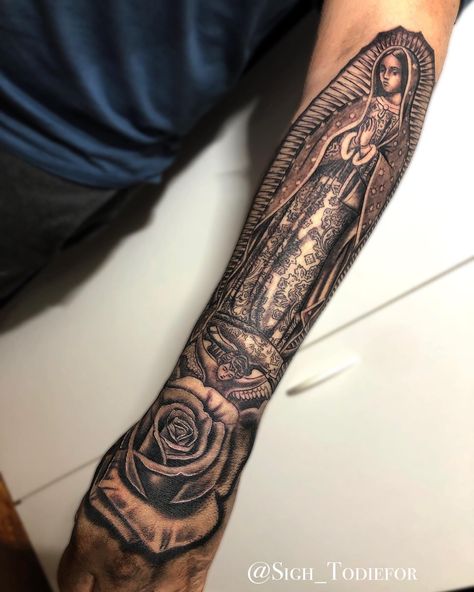 @sigh_todiefor Mens Mexican Tattoos, Virgin Mary Skull Tattoo, Virgin Mary Tattoo Forearm Men, Virgin Mary Half Sleeve Tattoo, Mexican Tattoo Sleeve, Virgin Mary Tattoo Sleeve, Virgin Mary Tattoo Forearm, Jalisco Tattoo, Front Forearm Tattoo