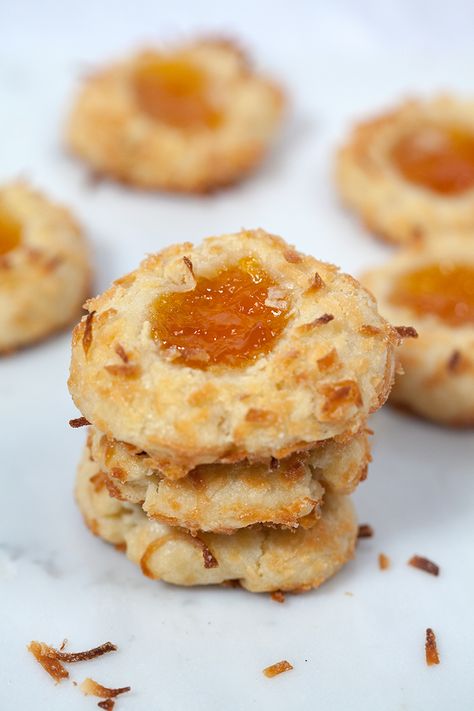 Coconut Thumbprint Cookies, Thumbprint Cookies Christmas, Best Thumbprint Cookies, Cookies Coconut, Coconut Cookie, Apricot Preserves, Thumbprint Cookies Recipe, Buttery Shortbread Cookies, Thumb Print