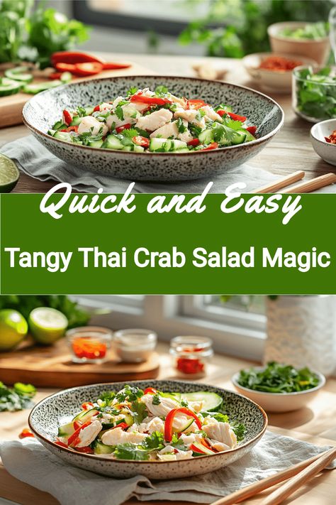 A vibrant salad with chunks of crab, cucumber, and red pepper garnished with cilantro sits in a speckled bowl on a table surrounded by fresh ingredients. The text "Quick and Easy Tangy Thai Crab Salad Magic" overlays the image. Chili Crab, Thai Street Food, Crab Salad, Best Salad Recipes, Perfect Appetizers, Crab Meat, Light Recipes, Fresh Herbs, Seafood Recipes