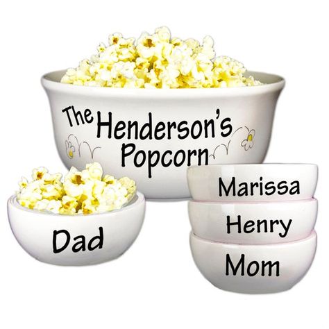 Personalized Family Popcorn Bowl Set Large Ceramic Pop Corn Bowl w 4 small bowls Movie Night Hand Pa Popcorn Containers, Ceramic Serving Bowl, Small Ceramic Bowl, Popcorn Bowl, Diy Bowl, Lap Tray, Couch Potato, Personalized Gifts For Kids, Seed Company