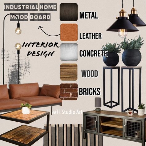 Mood Board Interior Design Industrial. Modern Industrial Condo Interior Design, Industrial Living Room And Kitchen, Industrial Design Paint Colors, Industrial Decor Color Palette, Industrial Boho Color Palette, Apartment Decor Mood Board, Industrial Living Room Color Palette, Modern Industrial Interior Design Living Room Apartment, Boho Industrial Interior