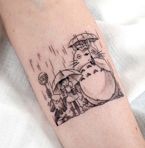 Anime Tattoos For Men Sleeve, Anime Tattoos Demon Slayer, Anime Back Tattoo, Totoro Tattoo, Moose Tattoo, Fandom Tattoos, Studio Ghibli Tattoo, Think Tattoo, Whimsical Tattoos