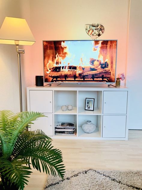 Kallax Tv Stand Living Rooms, Ikea Kallax Tv Stand, Kallax Tv Stand, Bedroom Tv Stand, Ikea Closet, Tv Stand Decor, Living Room Entertainment Center, Small House Interior Design, Bedroom Door Design