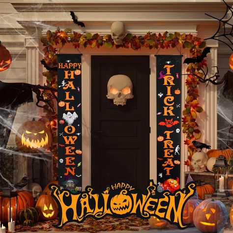 PRICES MAY VARY. 🎃【Fancy Halloween Outdoor Decorations】:This set includes a meticulously crafted porch banner with a unique design on each side. On the left, it proudly proclaims, "Trick or Treat" On the right, it invites all with a playful "HAAPY Halloween." Get ready to transform your porch into a spooky haven and get visitors into the Halloween spirit with these fun and festive Halloween signs. 🎃【Highly Durable Material & Decent Size】:Made from thick polyester fibre. Weather-resistant, wash Entrada Halloween, Porta Halloween, Porche Halloween, Halloween Garden Decorations, Door Outside, Halloween Living Room, Halloween Fest, Fröhliches Halloween, Halloween Garden