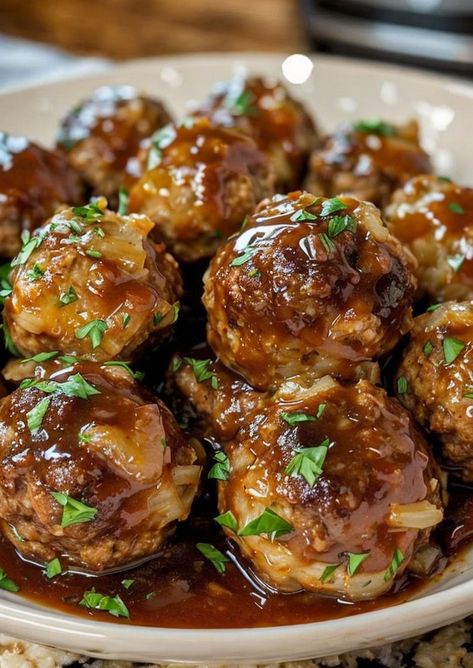 Savor the rich flavors of Slow Cooker French Onion Meatballs! Easy, delicious, and perfect for busy nights. A must-try comfort food. #SlowCooker #FrenchOnion #Meatballs #ComfortFood #EasyDinners Slow Cooker French Onion Meatballs Pioneer Woman, French Onion Soup Meatballs Crockpot, Fresh Meatballs Crockpot, Easy Dinner Recipes Meatballs, Crockpot Homemade Meatballs, Crockpot Meatballs Recipe, Frozen Italian Meatball Dinner Ideas, Frozen Meatballs Recipe Dinners, French Onion Meatballs Easy