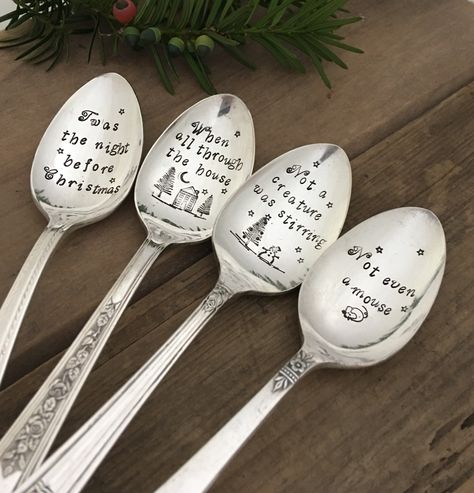 ‘‘Twas the night before Christmas hand stamped Christmas spoon set Metal Stamping Projects, Metal Stamping Diy, Spoon Craft, Silver Spoon Jewelry, Cutlery Art, Christmas Spoons, Silverware Crafts, Silverware Art, Christmas Eve Traditions