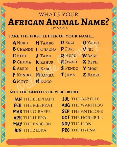 This game is great for birthday party celebrations and will go well with Lion King inspired birthday decorations!   Kids (and adults too) will have a great time finding out what their African animal name is. This game will encourage interaction between kids as they become curious about what the names of others are. Lion King Birthday Party Games, Lion King Party Games, Safari Gala, Bday Games, Lion King Names, Abandoned Library, Exotic Names, Lion King Party, Jungle Decorations