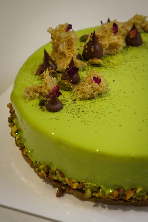 Pistachio Entremet | Dessertisans Pistachio Entremet, Pistachio Paste, Caramelized White Chocolate, Dessert Parfait, Mirror Cake, Tall Cakes, French Pastry, Choux Pastry, Cake Board