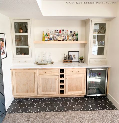 Black Bar Refrigerator, Simple Dry Bar Ideas Basement, Bar Cabinet In Kitchen, Built In Bar Dining Room, Dining Room Bar Buffet, Basement Wet Bar, Dining Room Built In, Basement Kitchenette, Built In Buffet