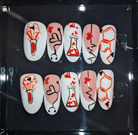 A set of press-on nails with medicinal chemistry designs Chemistry Nail Art, Science Nails Designs, Biology Nails, Chemistry Nails, Medical Nails, Science Nails, Medicinal Chemistry, Science Themes, Business Idea