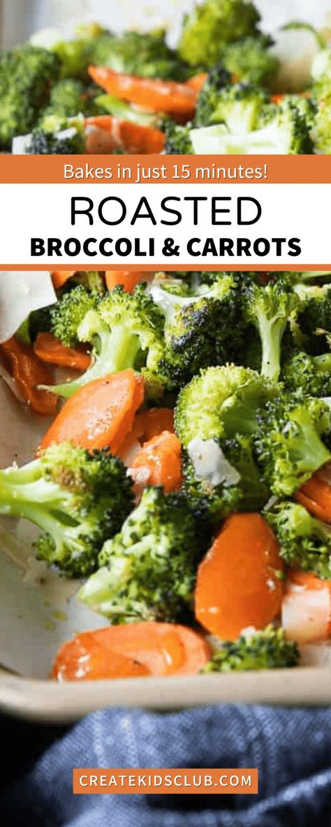 Roasted broccoli and carrots are a flavor-packed side dish that kids love! Seasoned simply then topped with parmesan cheese. Gluten-free. Roasted Broccoli And Carrots, Frozen Fish Fillets, Broccoli And Carrots, Carrots Side Dish, Broccoli Sauteed, Roasted Vegetable Recipes, Steamed Vegetables, Carrot Recipes, Healthy Side