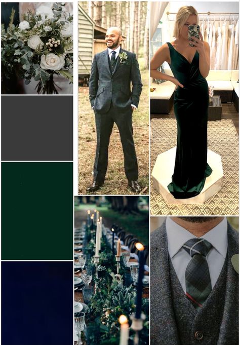 Forrest / emerald green bridesmaids with charcoal grey groomsmen styled wedding Emerald Green And Charcoal Gray Wedding, Dark Green And Silver Wedding, Emerald Green Bridesmaids, Trish Peng, Gray Wedding Party, Grey Groomsmen, Silver Winter Wedding, Emerald Green Wedding Theme, Grey Wedding Theme