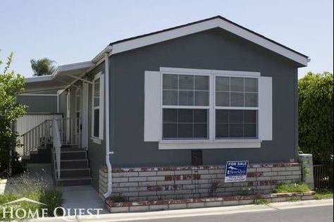 Mobile home dark gray exterior color with white trims Mobile Home Redo, Mobile Home Doors, Mobile Home Kitchens, Mobile Home Repair, Mobile Home Exteriors, Mobile Home Makeovers, Mobile Home Renovations, Single Wide Mobile Homes, Glass Railings