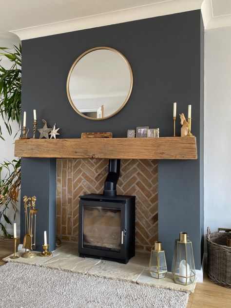 New open fire place. Oak beam. Wood burner. Herringbone brick slips. Painted in Dulux Cannon Ball Herringbone Chimney Wall, Brick Slip Log Burner, Fireplace Ideas Flat Wall, Fireplace Beam Decor, Oak Sleeper Fireplace, Wood Panelling Walls Fireplace, Wood Stacked In Fireplace, Statement Wall Living Room Fireplace, Log Burner Mantle