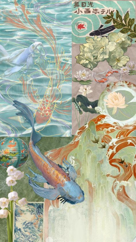 #koifish #coastal #koi #koipond #beachaesthetic #cottagecore #nature #water #plants Collage Mural, L Wallpaper, Seni Vintage, Art Mignon, Fish Wallpaper, Iphone Wallpaper Themes, Arte Inspo, Art Japonais, Art Collage Wall