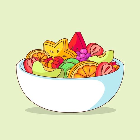 Salad Bowl Drawing, Fruit Salad Illustration, Bowl Of Fruit Drawing, Fruit Salad Drawing, Fruit Bowl Tattoo, Fruit Bowl Illustration, Fruit Bowl Drawing, Salad Drawing, Drinks Illustration