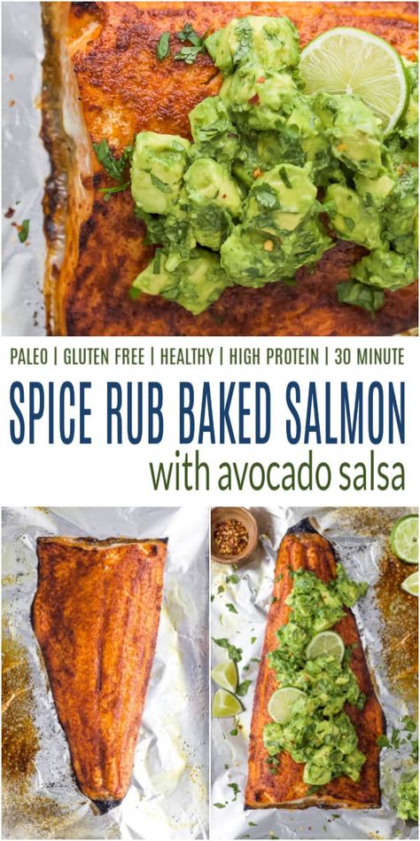 Paleo Baked Salmon that's rubbed down with a sweet & spicy spice blend and seared in the oven for that perfect flaky bite! This tender salmon is topped with a creamy Avocado Salsa and done in less than 30 minutes for the ultimate weeknight dinner! Baked Salmon With Avocado Salsa, Salmon And Avocado Recipes, Creamy Avocado Salsa, Salmon Toppings, Easy Salmon Recipe, Salmon With Avocado, Salmon With Avocado Salsa, Salmon Spices, Salmon Tacos