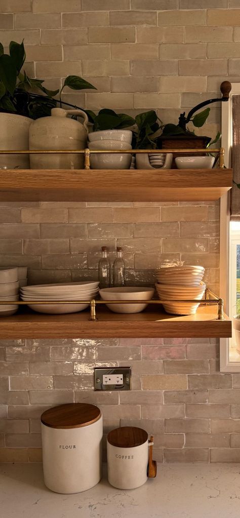 Floating Shelves With Brass Rail, Brass Rail Shelving Kitchen, Shelving Decor Ideas, Wood Kitchen Shelf Brass Brackets, Open Wood Shelves Kitchen Brass Holders, Brass Shelf Rail, Amber Interiors Kitchen Shelves, Artsy House, Shelf Rail