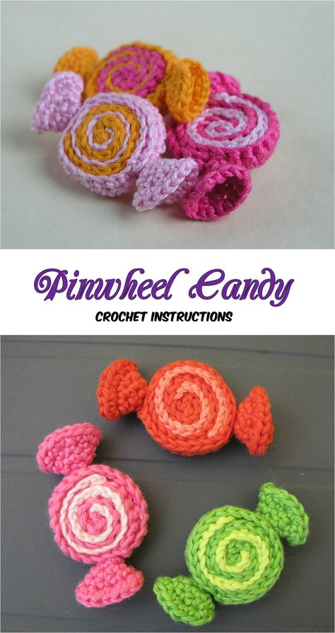 Crochet Pinwheel Candy - Pretty Ideas Crochet Candy Applique, Crochet Candy Pattern Free, Candy Crochet Pattern Free, Fruit Haken, Pinwheel Candy, Crochet Clips, Crocheted Food, Keyring Ideas, Crochet Candy