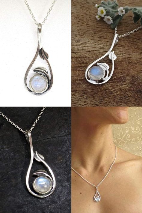 Natural moonstone pendant with leaves victorian style, Unique Moonstone necklace, Rainbow moonstone pendant, Boho necklace. Sterling silver and moonstone pendant necklace. Unique, handmade bohemian jewelry for women and girls. Beautiful and delicate silver necklace. The teardrop-shaped pendant is created by sterling silver stems and leaves, the curvy shapes are wrapping the moonstone, in this unique, asymmetric design. Delicate Silver Necklace, Wire Wrapped Stone Jewelry, Moonstone Pendant Necklace, Unique Pendant Necklace, Rainbow Moonstone Pendant, Magical Jewelry, Wedding Accessories Jewelry, Necklace Design, Wire Work Jewelry