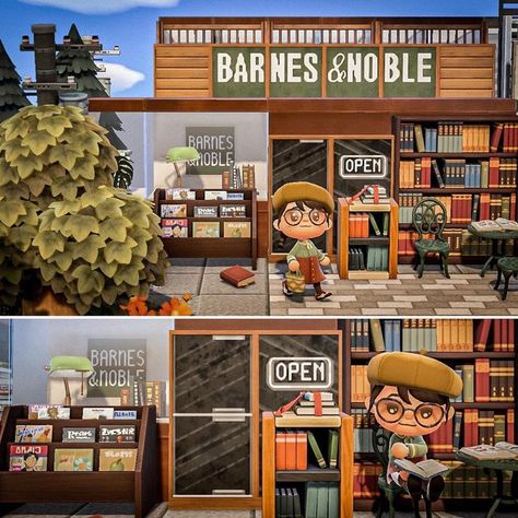 Acnh City Builds, Acnh Bookstore Ideas, City Theme Animal Crossing, Stores Animal Crossing, Acnh Outdoor Bookstore, Acnh Barnes And Noble, Acnh Book Store Code, Acnh Book Store Design, Acnh Grocery Store