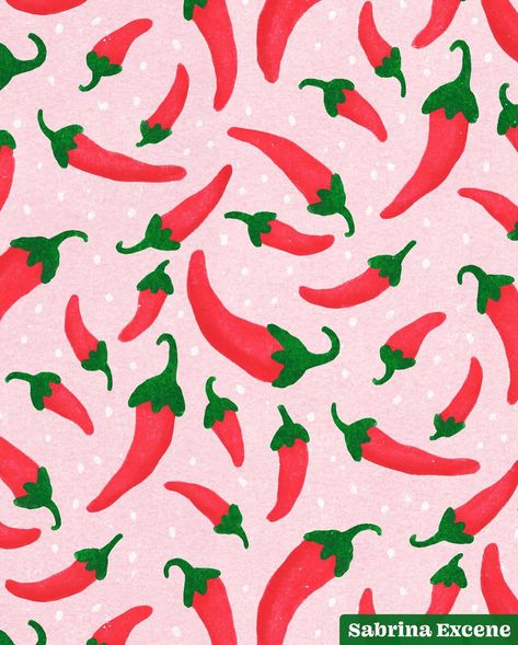 Spicy red and pink chili peppers 🌶️ for #2024patternchallengebyholli Vegetables prompt hosted by @hollizollinger 💕 . . #chilipeppers #pepperpattern #vegetablepattern #redhot #illustration #patternoftheday #surfacedesign #spicylover #patterndesign #cookingwithheat #kitchenart Chili Pepper Drawing, Chili Background, Spicy Aesthetic, Bujo 2025, Resin Paint, Paint Inspo, Fabric Home Decor, Spicy Chili, Hot Spicy