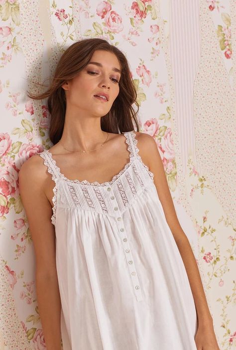 Queen Anne's Lace - Eileen West Eileen West, Cotton Nightgown, Sleeveless Gown, Queen Annes Lace, Lace Neckline, Shell Buttons, Long Gown, Queen Anne, Cotton Weaving