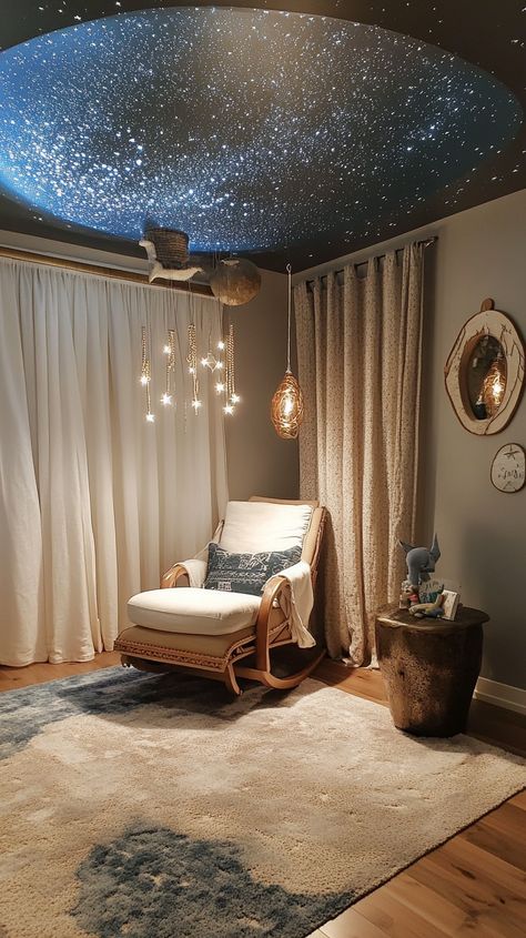 Create a serene sanctuary for your little Pisces! 🌙 This whimsical nursery features a magical starry night ceiling, soft textures, a cozy rocking chair, and a dreamy mobile. The enchanting storybook decor completes this tranquil, imaginative space for your tiny dreamer. ✨🚼 Starry Night Ceiling, Storybook Decor, Night Ceiling, Nap Room, Nursery Whimsical, Cottagecore Living Room, Yellow Cottagecore, Upstairs Master Suite, Dreamy Nursery