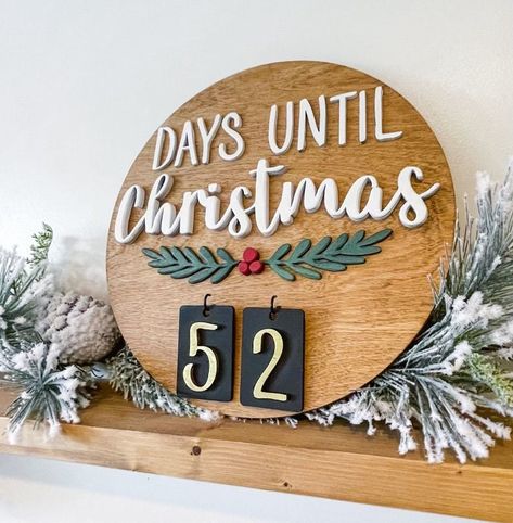 "This custom Days until Christmas kids countdown sign is  🎄approximately 14\" round and made of Baltic birch wood.  🖊This detailed handcrafted Day until Christmas countdown sign is hand sanded to give definition to all 3D raised wood lettering  the word Christmas,Holly leaves and berries. Please see the difference in the pictures having this handmade eye catching details make on this advent calendar sign.  🖊Single-sided wood number tags are included. They enable you to start counting down 🎄6 Days Until Christmas Countdown, Santa Countdown, Holiday Wood Sign, Classic Holiday Decor, Christmas Signs Diy, Calendar Advent, Laser Cut Wood Crafts, Christmas Crafts For Adults, Laser Engraved Ideas